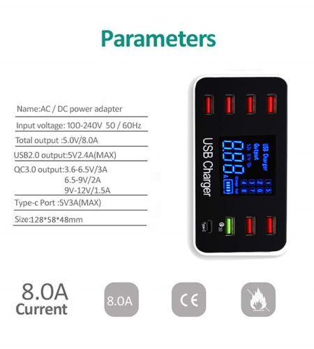 8 Port Multi Fast USB Charger Quick Charge 3.0 Multiple USB Phone Charging Station Universal USB HUB Charger QC 3.0 LED Display US plug - Image 2