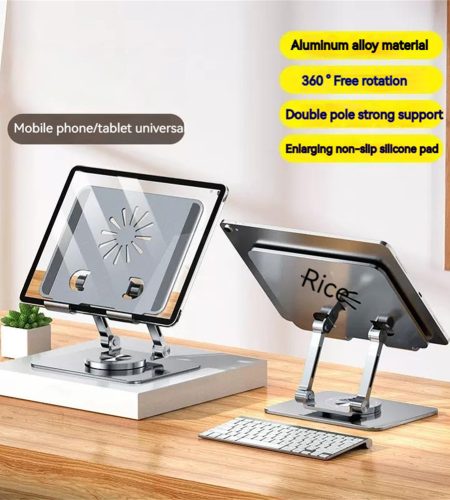 Desktop Tablet Mobile Phone Bracket 360-degree Rotating Multi-angle Height Adjustable Foldable Holder Silver - Image 3