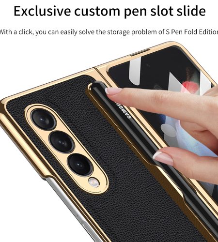 Leather Folding Mobile Phone  Case All-inclusive Anti-drop Creative Pen Slot Mobile Phone Cover Compatible For Zfold3/w22 Black - Image 5