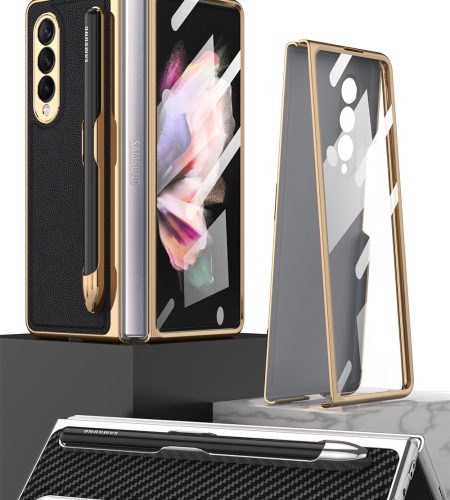 Leather Folding Mobile Phone  Case All-inclusive Anti-drop Creative Pen Slot Mobile Phone Cover Compatible For Zfold3/w22 Black - Image 2