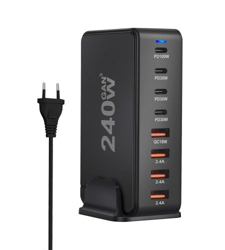 240W Multifunctional USB Charger Hub 4 USB A 4 USB C Hub PD Adapter Charging Block Plug Adapter Black EU Plug