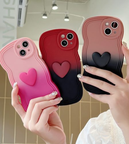 3D Love Heart Gradient Ramp Wave Edge Smart Phone Case Shockproof Protective Cover Compatible For IPhone 15 Pro Max 14 13 12 KD gradient red and black 15 - Image 5