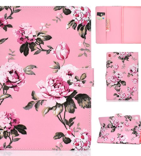 For Samsung T510/T515 Laptop Protective Case with Front Snap Cute Cartoon Color Painted Smart Stay PU Cover  Pink flower