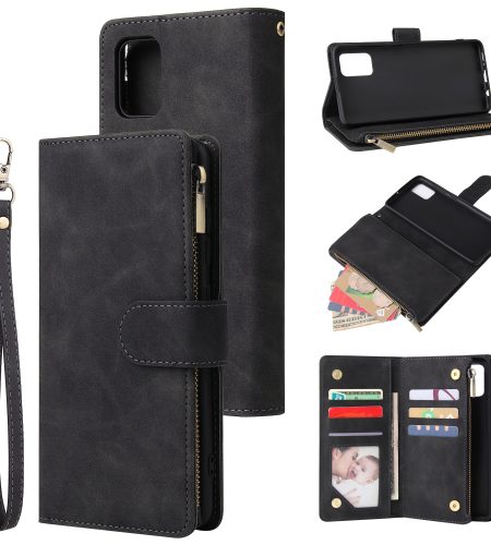 For Samsung A51 Case Smartphone Shell Precise Cutouts Zipper Closure Wallet Design Overall Protection Phone Cover  Black
