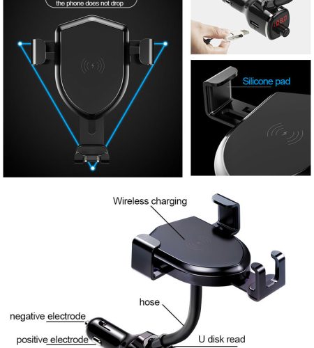 10W Wireless Quick Charging Mobile Phone Holder Stand with Fm Bluetooth Transmitter black - Image 5