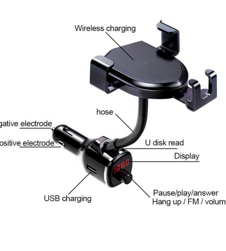 10W Wireless Quick Charging Mobile Phone Holder Stand with Fm Bluetooth Transmitter black - Image 9