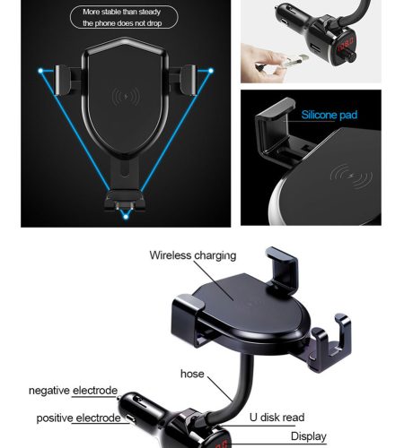 10W Wireless Quick Charging Mobile Phone Holder Stand with Fm Bluetooth Transmitter black - Image 7