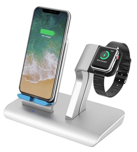 2 in 1 Qi Wireless Charger Stand Apple Watch Charging Stand for iPhone X/8/8 Plus Apple Watch Series 3,2,1 Silver - Image 5