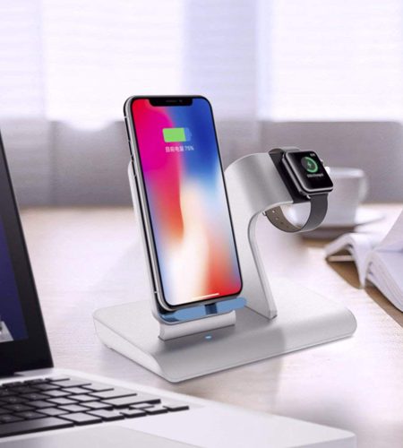 2 in 1 Qi Wireless Charger Stand Apple Watch Charging Stand for iPhone X/8/8 Plus Apple Watch Series 3,2,1 Silver - Image 6