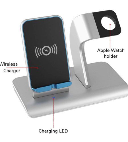2 in 1 Qi Wireless Charger Stand Apple Watch Charging Stand for iPhone X/8/8 Plus Apple Watch Series 3,2,1 Silver - Image 3