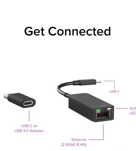 Metal 2-in-1 Type C Usb To 2500m Gigabit Lan Ethernet Cable  Adapter Portable Connector Black